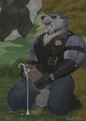 after_fellatio after_oral anthro ass balls bara barazoku big_balls big_penis blaidd_(elden_ring) blue_fur boner crossover cum cum_in_mouth daydream dislyte dreaming elden_ring erection fanofthefurr freddy_(dislyte) fromsoftware fully_clothed furry gay male male_only masturbation muscles muscular on_knees penis penis_out scar scar_across_eye sunglasses two_handed_masturbation wolf