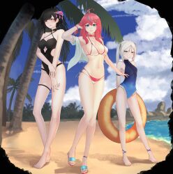 3girls armpits bare_shoulders barefoot beach belly_button big_breasts bikini black_hair blue_eyes braid cleavage elaine_(vtuber) exposed_shoulders female female_only hair_ornament hairclip height_difference kometa_virtual_live leg_strap long_legs medium_breasts midriff miria_(vtuber) navel one-piece_swimsuit palm_tree purple_eyes red_hair sandals seaside small_breasts smug twintails two_piece_swimsuit virgil_(vtuber) virtual_youtuber white_hair