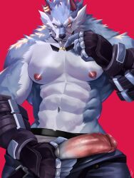 anthro balls bara barazoku big_penis blue_fur boner dislyte erection freddy_(dislyte) furry gay holding_penis ig ig1119 male male_only muscles muscular penis scar scar_across_eye shirtless solo solo_male sweaty wolf