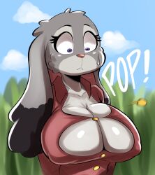 1girls anthro big_breasts boobs breasts button_down_shirt buttons cleavage clothing female female_only grass huge_breasts judy_hopps lagomorph large_breasts nathanatwar outside rabbit shirt solo tearing_open_top tits torn_clothes wardrobe_malfunction whateverdoes zootopia