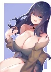 bangs black_dress black_hair blue_eyes blunt_bangs breasts choker clothing collarbone dress eyebrows_visible_through_hair female hair_between_eyes hand_in_own_hair highres large_breasts licking_lips long_hair long_sleeves looking_at_viewer mariobaby shirt simple_background sitting smile solo ssss.gridman takarada_rikka thighs tongue tongue_out