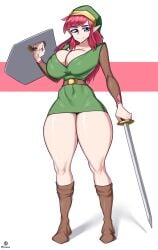 1girls big_breasts blue_eyes breasts cleavage collarbone huge_breasts link link_(shounen_captain) muscular onaeane pale-skinned_female pale_skin pink_hair pointy_ears rule_63 shield sword the_legend_of_zelda thick_thighs