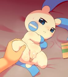 alacarte anus bedding bedding_background bodily_fluids disembodied_hand duo female generation_3_pokemon genitals hi_res human humanoid_hands leg_grab looking_at_viewer lying mammal minun nintendo nude on_back pokemon pokemon_(species) pussy sweat video_games white_body