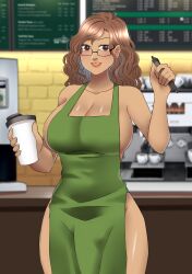 1futa apron apron_only athorment_oc barista big_breasts brown_eyes brown_hair bulge bulge_through_clothing cleavage clothed clothing curly_hair dark-skinned_futanari dark_skin evelyn_(athorment) evelyn_(athorment)_(futa) evelyn_mirage_(athorment) futa_only futanari glasses iced_latte_with_breast_milk intersex latina latina_futa long_hair looking_at_viewer meme millefleur mostly_nude naked_apron solo standing starbucks starbucks_barista