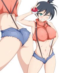 armpits ass asymmetrical_hair black_hair blush breasts clothing danpu dat_ass denim denim_shorts erect_nipples erect_nipples_under_clothes female game_freak green_eyes high_resolution holding holding_object holding_poke_ball kasumi_(pokemon) large_breasts legs navel nintendo nipples one_eye_closed poke_ball pokemon pokemon_(game) pokemon_(manga) pokemon_rgby ponytail sex_toy shirt shorts side_ponytail solo suspenders swimsuit tank_top the_electric_tale_of_pikachu thighs tied_hair wink yellow_shirt