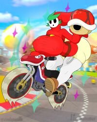 1girls ass big_ass big_breasts breasts clothed clothing female female_focus female_only hair_over_one_eye koopa_shell light-skinned_female light_skin mario_(series) mario_kart nintendo nipple_bulge shy_gal shy_gal_red solo solo_female stemingbunbun tagme toad_circuit