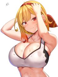 1girls 2022 armpits arms_up artist_name blonde_hair breasts cleavage female female_only hi_res hololive hololive_indonesia hololive_indonesia_holoh3ro huge_breasts kaela_kovalskia light-skinned_female light_skin looking_at_viewer medium_hair red_eyes simple_background smile solo sports_bra sportswear sweat sweaty_body sweaty_breasts virtual_youtuber white_background yua_respati