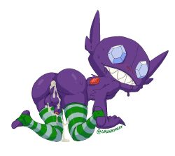 after_anal after_sex blush cum_in_ass cumdrip femboy grunemslut leaking_cum looking_back_at_viewer pokémon_(species) pokemon sableye sharp_teeth stirrup_legwear stirrup_socks striped_legwear submissive_male