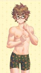 1boy blush_blush boxers cashew_(blush_blush) curly_hair cute game_cg gay glasses male muscular muscular_male nerd sad_panda_studios shy solo topless topless_male underwear