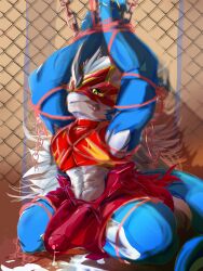 animal_humanoid armor bandai_namco blue_body blue_skin bodily_fluids bodily_fluids_drip bondage bottomwear bound clothing cum cum_in_clothing cum_through_clothing cum_while_penetrated digimon digimon_(species) dragon dragon_humanoid flamedramon genital_fluids hair hi_res humanoid insult loincloth male male/male male_only mask penetration sam_(disambiguation) solo through_clothing wet wet_clothing