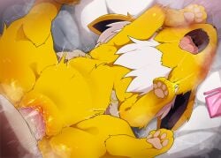 blush bodily_fluids condom dagasi eeveelution female female_penetrated feral feral_penetrated fur furry generation_1_pokemon genital_fluids genitals hi_res human human_on_feral jolteon lay_on_back male male/female male_human/female_feral male_human/female_pokemon male_on_feral male_penetrating male_penetrating_female mammal nintendo open_mouth penetration penis pokemon pokemon_(species) pokephilia pussy pussy_juice sexual_barrier_device uncensored unseen_male_face vaginal_penetration video_games wearing_condom zoophilia