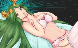 bra green_eyes green_hair headdress kid_icarus looking_at_viewer nintendo palutena panties pksoldierx tagme thighhighs