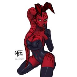 alien alien_girl body_tattoo bunny_ears bunnysuit cravingsfree darth_talon female female_focus female_only head_tentacles large_breasts lekku massive_breasts red_body red_skin solo solo_female solo_focus star_wars star_wars:_legacy tendrils thick thick_thighs twi'lek white_background wide_hips yellow_eyes