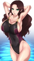 1girls alternate_costume armpits arms_behind_head bare_thighs black_swimsuit breasts brown_hair byakkun byakkun_(byakkun8181) dorothea_arnault female female_only fire_emblem fire_emblem:_three_houses green_eyes huge_breasts long_hair looking_at_viewer nintendo one-piece_swimsuit open_mouth pose post-timeskip purple_swimsuit sexy_armpits smile solo thick_thighs thighs water