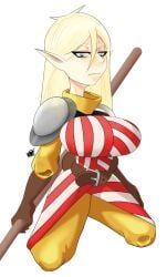 armor belt blonde_hair blue_eyes colored elf female fully_clothed gloves large_breasts long_hair novacantnames pale_skin shoulder_armor soldier solo spear striped_clothing uniform