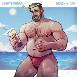 ! beach bulge daddy dilf eido_art english_text hairy_chest male male_only muscles muscular muscular_male outdoors outside septembara speedo sunscreen