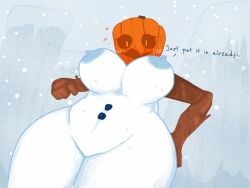 1girls areola areolae asking_for_it big_breasts blue_areola blush breasts featureless_crotch female implied_sex large_areolae minecraft naked nipples pumpkin_head smile snow snow_golem snowfall snowman snowwoman sspaziim sweating text thick_thighs thighs tundra white_skin wide_hips