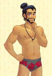 1boy abs beard blush_blush briefs dmitri_(blush_blush) game_cg gay latino male man_bun muscular muscular_male pecs sad_panda_studios smug solo tan_body topless topless_male underwear