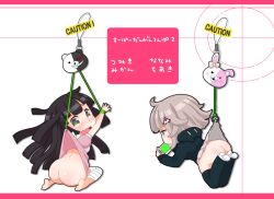 2girls ass behind_view blush bound_wrists chibi danganronpa danganronpa_2:_goodbye_despair embarrassed exposed_ass female female_only monokuma monomi_(danganronpa) multiple_girls nanami_chiaki no_panties nokko_(artist) rope skirt_lift smooth_skin super_danganronpa_2 tsumiki_mikan upskirt