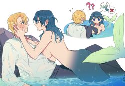 breast_press breasts byleth_(fire_emblem) byleth_(fire_emblem)_(female) chibi cleavage dimitri_alexandre_blaiddyd female fire_emblem fire_emblem:_three_houses kkomcce large_breasts male mermaid nintendo open_mouth topless