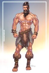 1boy abs artist_name artist_signature bara beard black_hair d'ugh facial_hair fortnite green_eyes human loincloth long_hair_male male male_nipples male_only manly markings mature_male muscles muscular_male mustache no_visible_genitalia patreon_username patrick_fillion pecs solo standing tattoos