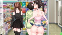 3girls aisle aomizuan ass ass_cleavage butt_crack candy convenience_store detached_sleeves exhibitionism female female_only food highres hood hoodie indoors lifted_by_self long_hair looking_back multiple_girls naughty_face original public_indecency pussy_juice refrigerator shop skirt snack spaghetti_strap supermarket thigh_strap thong twintails