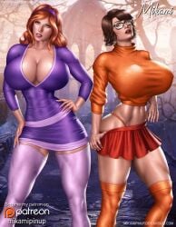 2girls big_breasts breasts brunette busty daphne_blake female female_only fingernails fingers glasses hips legs light-skinned_female light_skin lips mikamipinup nerd nerdy nerdy_female scooby-doo short_hair thighs velma_dinkley voluptuous wide_hips