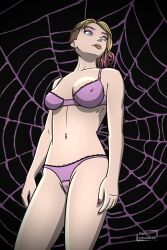 1girls artist_logo black_background breasts dark_background duck_smuggler eyebrow_piercing female female_only gwen_stacy gwen_stacy_(spider-verse) lingerie marvel medium_breasts pale-skinned_female pale_skin pink_lingerie short_hair skinny skinny_female spider-gwen spider-man:_into_the_spider-verse spider-man_(series) standing tagme