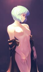 1girls blue_hair bottomless breasts female looking_at_viewer neon_genesis_evangelion nipples optionaltypo rei_ayanami short_hair simple_background small_breasts solo tagme