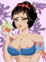 apple brown_eyes brown_hair devanickolson7 disney disney_princess eyelashes female holding_apple large_breasts licking_lips nipple_slip poison short_hair snow_white_(disney) snow_white_and_the_seven_dwarfs solo