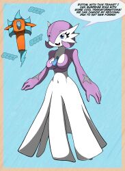 1girls alternate_breast_size alternate_color blue_eyes gardevoir humanoid kiroxiii oc pokemon pokemon_(species) purple_hair skirt speech_bubble text white_body