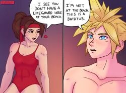 1boy 1girls abs athletic_female bandana bathtub bathtub_lifeguard_(meme) blonde_hair blue_eyes cloud_strife english_text female final_fantasy final_fantasy_vii final_fantasy_vii_remake fit_female funny headband heart humor jessie_rasberry lifeguard lifeguard_swimsuit male meme oblivious one_piece_swimsuit pick-up_line ponytail red_swimsuit rejection swimsuit wholesome