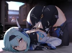 2girls aether_(genshin_impact) after_sex ass ass_up big_ass big_butt blue_hair butt clothed_female cum cum_on_ass eula_(genshin_impact) face_down_ass_up female fully_clothed genshin_impact gloves hair_ornament hairband legwear paimon_(genshin_impact) purple_eyes short_hair the_atko thick_thighs thighhighs thighs top-down_bottom-up