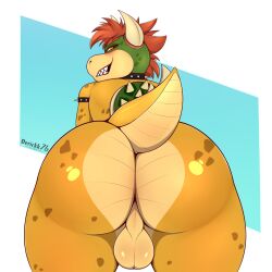 2022 absurd_res amber_eyes anthro armband artist_name ass balls big_butt blue_background blush bowser clenched_teeth collar derick76 derickk76 digital_media_(artwork) genitals green_body green_scales hair hi_res horn koopa looking_at_viewer looking_back looking_back_at_viewer male male_only mario_(series) nintendo perineum presenting presenting_hindquarters rear_view red_hair scales scalie sharp_teeth shell simple_background smile solo spiked_armband spiked_collar spiked_shell spikes spikes_(anatomy) standing teeth video_games white_background wide_hips yellow_body yellow_scales