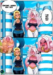 2girls android_18 android_21 cunnilingus dragon_ball dragon_ball_z english_dialogue female female_only joruze large_breasts majin_android_21 memories multiple_girls oral yuri