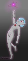 absurd_res blue_hair exhibitionism female ferocaniz flat_chested gardevoir generation_3_pokemon grey_body grey_skin hair hi_res humanoid magic nintendo nude pokemon pokemon_(species) red_eyes solo video_games