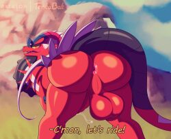 2022 animated anthro anus ass balls bent_over big_butt english_text generation_9_pokemon genitals koraidon legendary_pokemon looking_back male male_only nintendo open_mouth outside penis pokemon pokemon_(species) pokemon_sv rear_view solo tentabat text video_games