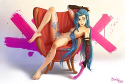 1girls areolae armchair armpits armwear barefoot blue_eyes blue_hair casual dildo feet female female_only human implied_penetration jinx_(league_of_legends) laying_down league_of_legends legs_apart long_hair looking_at_viewer naked nickeronic nipples pale_skin pubic_hair pussy pussy_juice riot_games solo solo_female tattoo