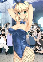 1girls 6+boys animal_ears armpits arms_behind_head arms_up artoria_pendragon blonde_hair breasts bunny_ears bunnysuit camera cleavage fake_animal_ears fate_(series) female fishnets haruhisky leotard male outdoors public saber standing tagme taking_picture