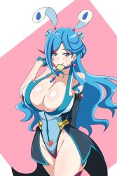 blue_angel blue_hair blue_maiden blush bunny_ears clothing condom condom_in_mouth curvy_female cyan_hair female heart hi_res huge_breasts led_(190491) purple_eyes solo thick_legs thick_thighs yu-gi-oh! yu-gi-oh!_vrains zaizen_aoi