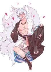 animal_ears black_nails blush erection erection_under_clothes fox_ears fox_tail full_body gintama gintoki_sakata hi_res horny japanese_clothes kemonomimi kimono kitsune kyuubi licking_lips looking_at_viewer male male_only multiple_tails muscles necklace official_alternate_costume open_clothes open_kimono pecs penis poussiere silver_hair solo stirrup_legwear sweat toenails tongue_out uncensored white_fur white_hair youkai