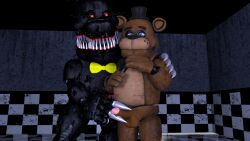 3d 3d_(artwork) animatronic balls black_bear bow_tie digital_media_(artwork) duo five_nights_at_freddy's five_nights_at_freddy's_4 freddy_(fnaf) genitals hand_on_shoulder handjob hi_res holding_object ingame_model machine male male/male mammal microphone nightmare_(fnaf) penile penis robot scottgames sex size_difference sky_chaser source_filmmaker standing ursid ursine video_games