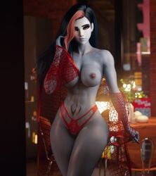 3d abs athletic_female big_ass big_breasts long_hair multicolored_hair noahgraphicz overwatch purple_skin tattoo thick_thighs widowmaker