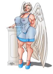 1girls abs alexcherubic angel angel_wings areolae blonde_hair breasts breasts breasts clothing female female_only green_eyes muscle muscles muscular muscular_female navel nipple_piercing nipples original original_character pierced_nipples piercing short_hair smile