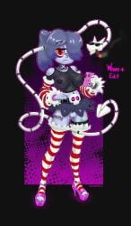 condom emotionless exposed_pussy glowing_eyes grunemslut high_heels leg_strap leviathan_(skullgirls) mesh_shirt painted_nails pierced_nipples piercings short_skirt skullgirls slutty_outfit squigly striped_legwear tattoo