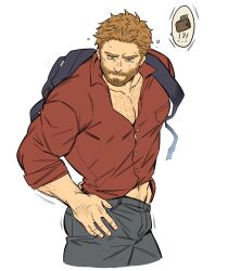 1boy arm_hair backpack beard bearded blonde_hair blonde_hair chest_hair clothed clothing daddy hairy hairy_arms hairy_chest holmesdmode male male_only muscle muscles muscular old_man red_clothing