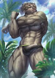 1boy 2022 abs absurd_res anthro barazoku big_bulge big_muscles bodily_fluids braided_hair bulge catoblepas_(tokyo_afterschool_summoners) clothed clothing cloud day erection erection_under_clothing eyebrows fur hair hair_bun hi_res horn huge_bulge huge_muscles leaf lifewonders low-angle_view male male_only mammal monster muscular muscular_anthro muscular_male navel nipples obliques outside palm_tree pecs plant quads sky solo solo_male standing stretching sweat tokyo_afterschool_summoners topless topless_anthro topless_male tree triceps tuft underwear vein video_games wet wet_body wet_fur yukihoshiak