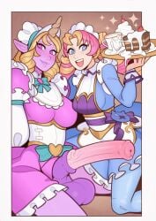 1futa 1girls animal_genitalia animal_genitalia_on_humanoid animal_penis balls big_balls big_breasts big_penis big_thighs blonde_hair bottomless bow breasts cafe_cutie_gwen cafe_cutie_soraka cafe_cuties_series celestial_(league_of_legends) clothed clothing cum cum_in_container cum_in_cup cum_on_food dress_lift erection female functionally_nude_futanari futanari gwen_(league_of_legends) horn horsecock horsecock_futanari horsecock_on_humanoid huge_balls huge_cock humanoid intersex league_of_legends long_hair looking_at_viewer maid_headdress maid_outfit mostly_clothed open_mouth penis pink_penis pointy_ears presenting presenting_penis purple_eyes purple_skin serving_tray soraka splashbrush standing teapot testicles thick_lips thick_penis thighhighs two_tone_hair vein white_legwear white_thighhighs