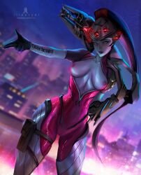 breasts gloves illasvyel long_hair looking_at_viewer open_clothes overwatch purple_hair sniper_rifle standing visor_cap weapon widowmaker