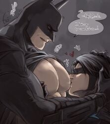 2boys arms_behind_head bara batcest batman bruce_wayne brudick daddy dc dc_comics dick_grayson father father_and_son fuji_biotope6 head_on_chest large_pectorals male male_only muscle muscles muscular nightwing nipples pectorals sucking sucking_nipples superhero